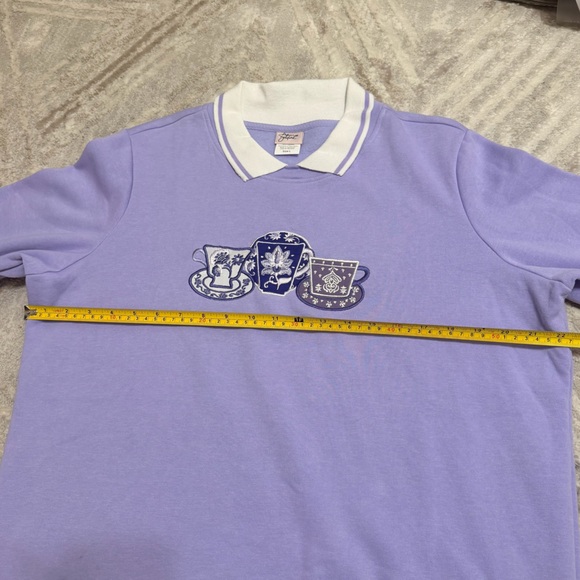 Vintage Grannycore Collared‎ Sweatshirt Pastel Purple Teacup Embroidered Size L - Picture 8 of 8